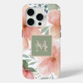 Pfirsich und grüne Aquarellblume mit Monogramm Case-Mate iPhone Hülle (Rückseite)