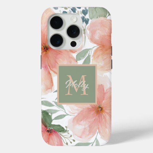 Pfirsich und grüne Aquarellblume mit Monogramm Case-Mate iPhone Hülle (Rückseite)