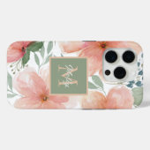 Pfirsich und grüne Aquarellblume mit Monogramm Case-Mate iPhone Hülle (Rückseite (Horizontal))