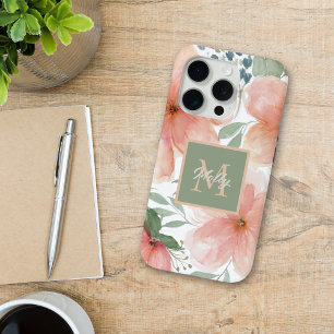 Pfirsich und grüne Aquarellblume mit Monogramm Case-Mate iPhone Hülle