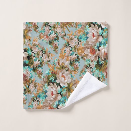 Pfirsich und grüne Blumen Badhandtuch Set (Waschlappen)