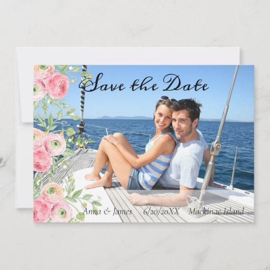 Pfirsich und grünes Foto Save the Date Einladung (Vorderseite)