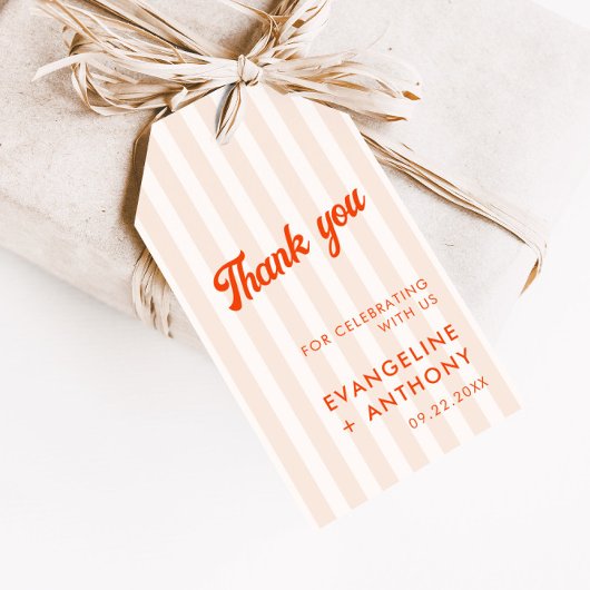 Pfirsich und Mandarine Striped Retro Hochzeit Geschenkanhänger