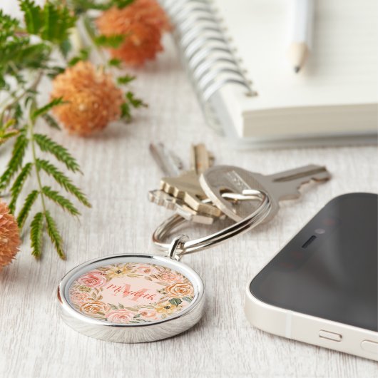 Pfirsich und rosa Blumenreath Mit Monogramm Schlüs Schlüsselanhänger (Seite)