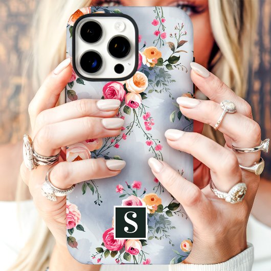 Pfirsich- und Rosé-Monogramm-Blumenmuster Case-Mate iPhone Hülle