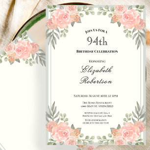 Pfirsich- und Salbei-Grün-Blumenmuster zum 94. Geb Einladung