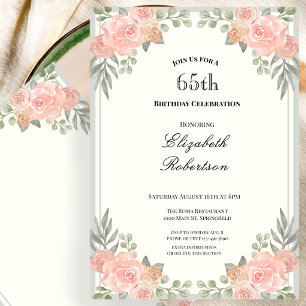Pfirsich- und Salbei-Grün Floral 65. Geburtstag Einladung