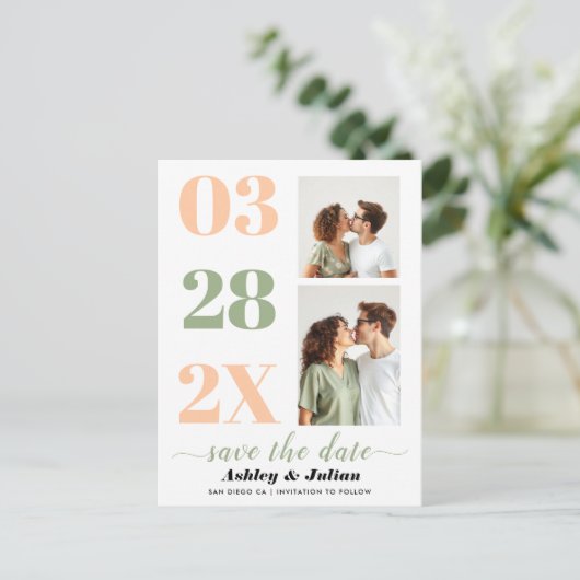 Pfirsich und Salbei grün zwei Foto Save the Date Postkarte (Stehend Vorderseite)