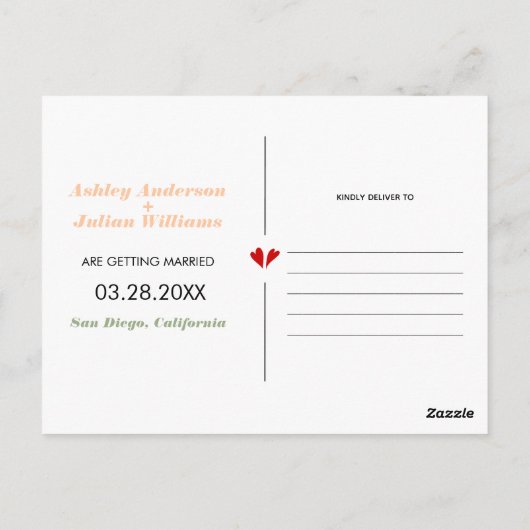 Pfirsich und Salbei grün zwei Foto Save the Date Postkarte (Rückseite)