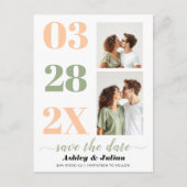 Pfirsich und Salbei grün zwei Foto Save the Date Postkarte (Vorderseite)