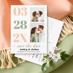 Pfirsich und Salbei grün zwei Foto Save the Date Postkarte
