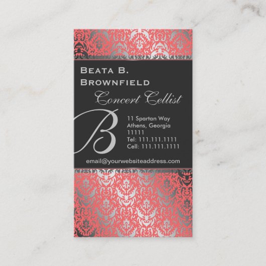 Pfirsich-und Silber-elegantes Damast-Muster Visitenkarte (Vorderseite)