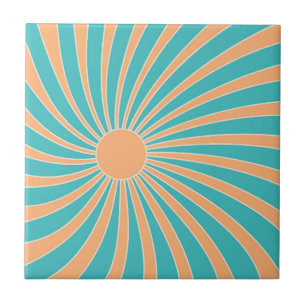 Pfirsich- und Türkis-Retro-Sonnenburst-Design Fliese