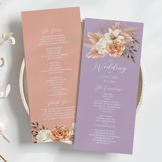 Pfirsich- und violette Blumenhochzeitsprogrammkart Programm