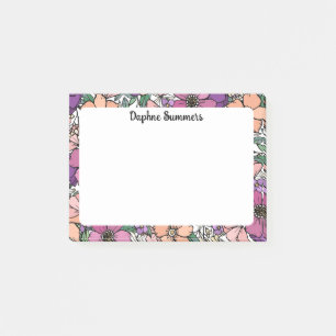 Pfirsich- und violettes Blumenmuster Name in Schri Post-it Klebezettel