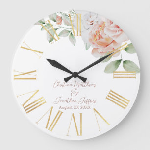 Pfirsich- und weiße Aquarell-Blumen Hochzeitsanden Große Wanduhr