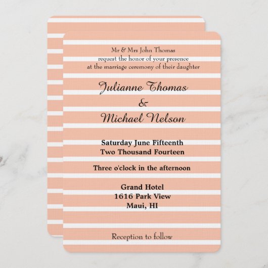 Pfirsich und weiße Streifen Hochzeit Einladung (Vorne/Hinten)