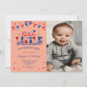 Pfirsich unser kleines Firecracker 1. Geburtstag F Einladung (Vorderseite)