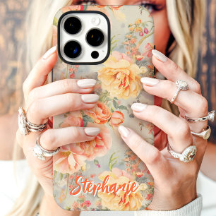 Pfirsich-Vintage-Blumenmuster mit individuellem Na iPhone 16 Pro Max Hülle