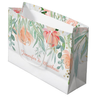 Pfirsich-weises Grünwatercolor-Blumen-GROSSE Große Geschenktüte