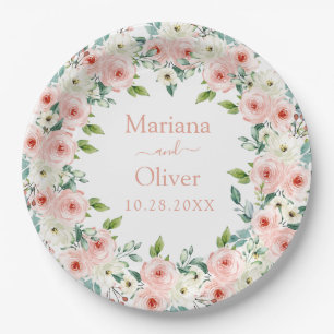 Pfirsich Weiße Florale Hochzeit Pappteller