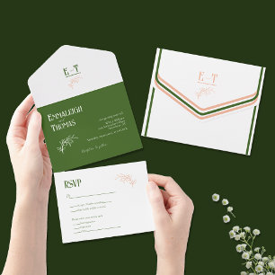 Pfirsich Weiße + Grüne Einfache Moderne Hochzeit All In One Einladung