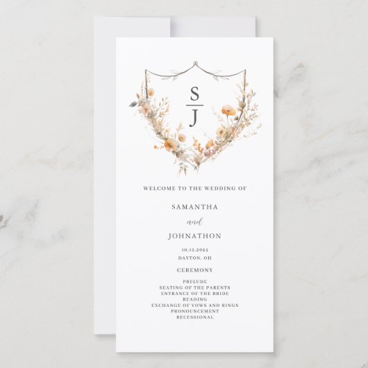 Pfirsich-Wildblumen-Hochzeitsprogramm (Vorderseite)