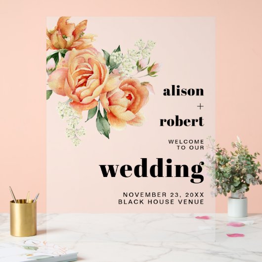 Pfirsichbäonien und Rose mattierte Hochzeit WILLKO Acrylschild (Hochzeit)