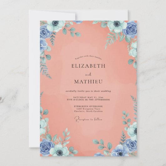 Pfirsichblaue Blättchen-Hochzeit Einladung (Vorderseite)