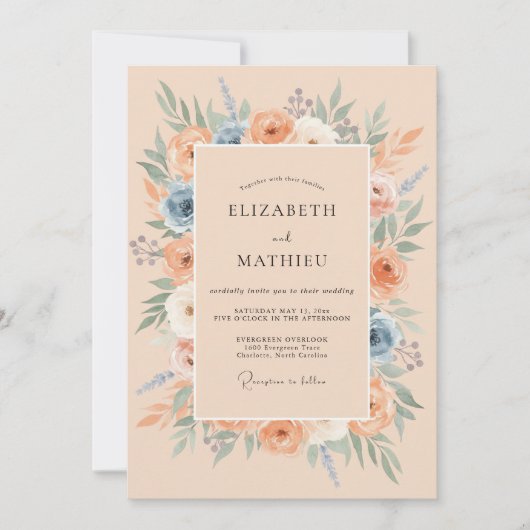 Pfirsichblaue florale Hochzeit Einladung (Vorderseite)