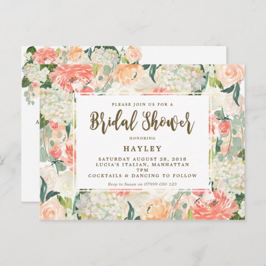 Pfirsichblumen Moderne Brautdusche Einladung (Vorne/Hinten)