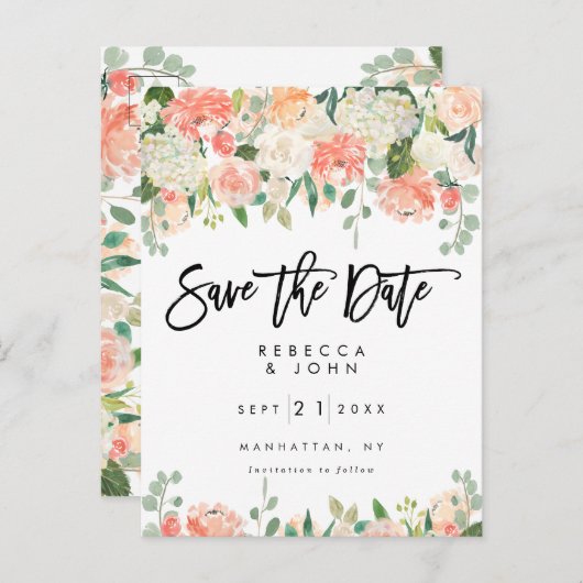 Pfirsichblumengrün, das Save the Date Karte (Vorne/Hinten)
