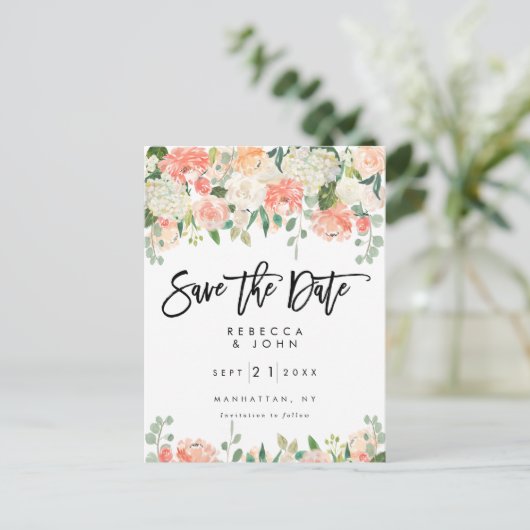 Pfirsichblumengrün, das Save the Date Karte (Stehend Vorderseite)