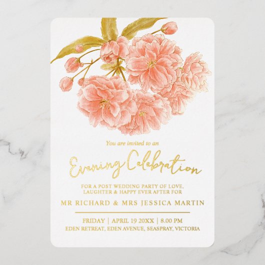 Pfirsichblüte Frühling Abend feiern Gold Folieneinladung (Vorderseite)