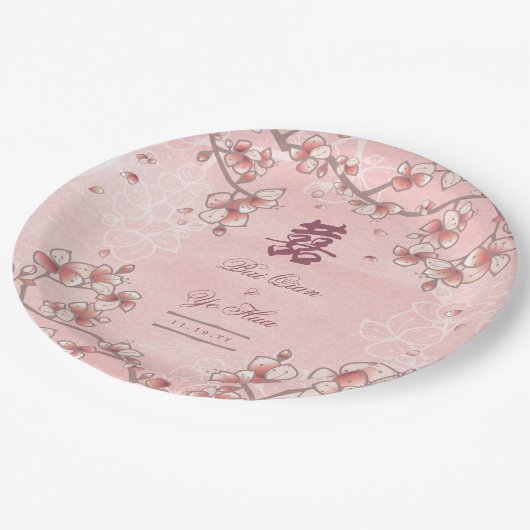 Pfirsichblüten Doppelglücklichkeit chinesische Hoc Pappteller (Schrägansicht)