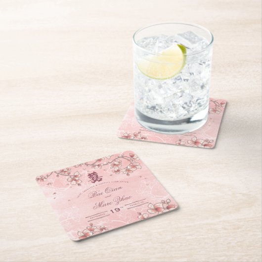 Pfirsichblüten Doppelglücklichkeit chinesische Hoc Rechteckiger Pappuntersetzer (Vor Ort)