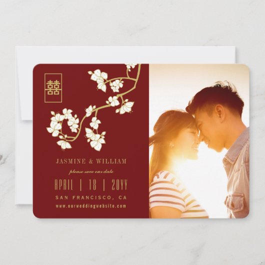 Pfirsichblüten Doppeltes Glück Rotes Chinesisches  Save The Date (Vorderseite)