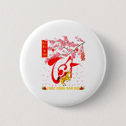 Pfirsichblüten Vietnamesisches Neujahrsfest Pferd Button (Vorderseite)