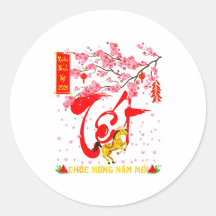 Pfirsichblüten Vietnamesisches Neujahrsfest Pferd Runder Aufkleber