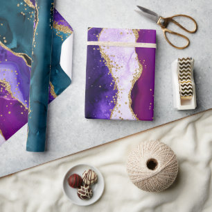 Pfirsichblütenfarbenes, Lila und Türkis glänzendes Geschenkpapier