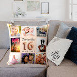 Pfirsichcreme Foto Collage Sweet 16 Kissen<br><div class="desc">Ein einzigartiges Geschenk für den 16., 16. Geburtstag eines Mädchens, das ihr Leben mit einer Collage von 8 eigenen Fotos, Bildern feiert. Personalisieren und fügen Sie ihren Namen und ein Datum. Ein pfirsichfarbener, cremefarbener Hintergrund. Der Name ist mit einem modernen handgeschriebenen Stil-Skript geschrieben, Nummer 16 mit einem Schriftart im Ballonstil....</div>