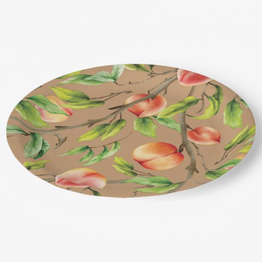 Pfirsiche am Baum Pappteller (Schrägansicht)