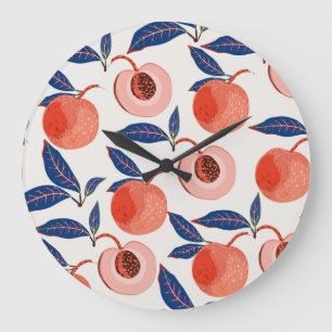 Pfirsiche Apricot Blätter Creme Background Große Wanduhr