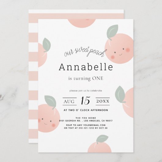 Pfirsiche & Creme Niedlich Kawaii Girl 1. Geburtst Einladung (Vorne/Hinten)