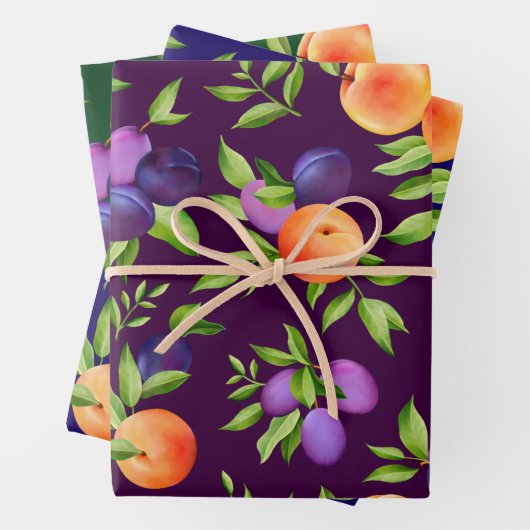 Pfirsiche Pflaumen Lila Niedliches Fruchtmuster Geschenkpapier Set (Beispiel)