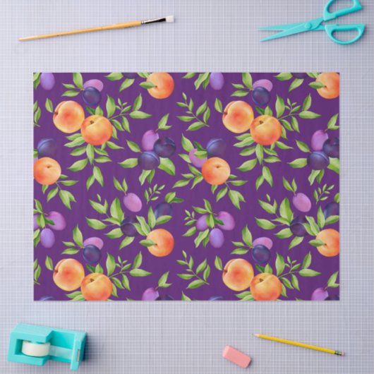 Pfirsiche Pflaumen Lila Niedliches Fruchtmuster Seidenpapier (Basteln)