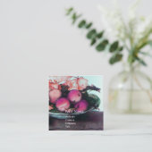 Pfirsiche, Pflaumen, Pflaumen, Blätter grau rosa Quadratische Visitenkarte (Stehend Vorderseite)