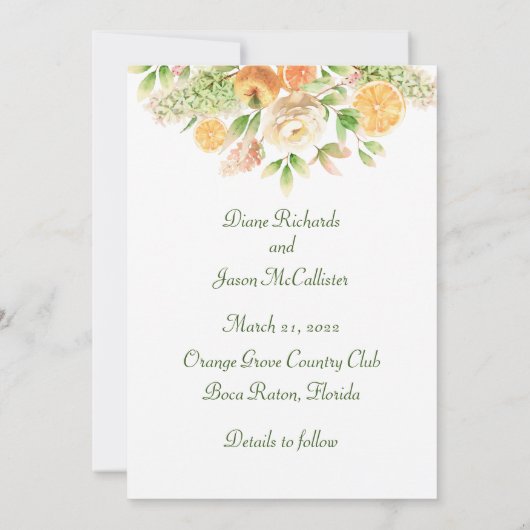 Pfirsiche und Creme, Blume und Obst Save The Date (Rückseite)