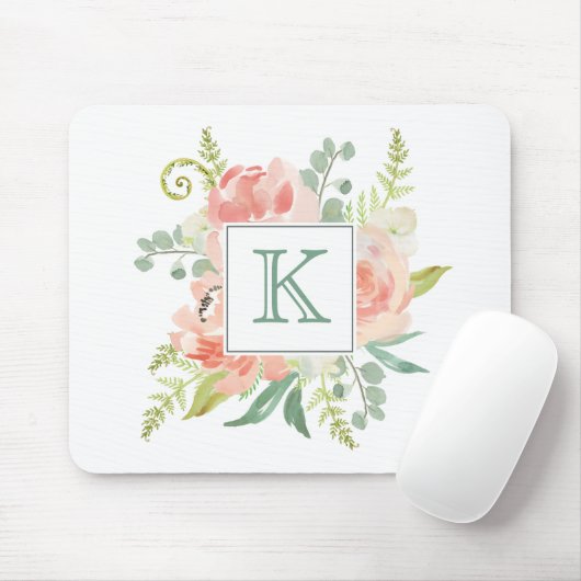 Pfirsiche und cremefarbene Flora mit Monogramm Mousepad (Mit Mouse)