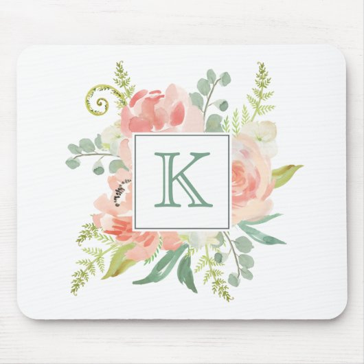Pfirsiche und cremefarbene Flora mit Monogramm Mousepad (Vorne)